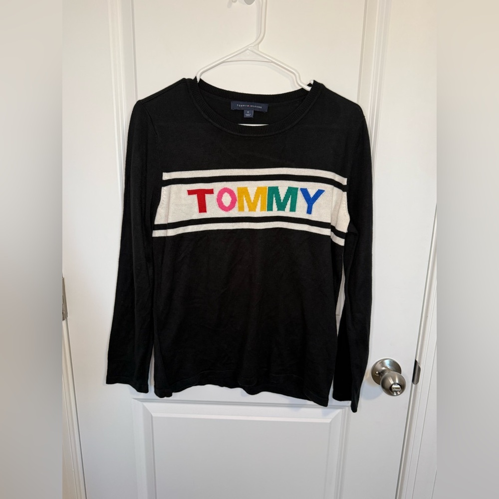 Tommy Hilfiger Sweater Womens Medium Black Multicolor Pullover Long Sleeve